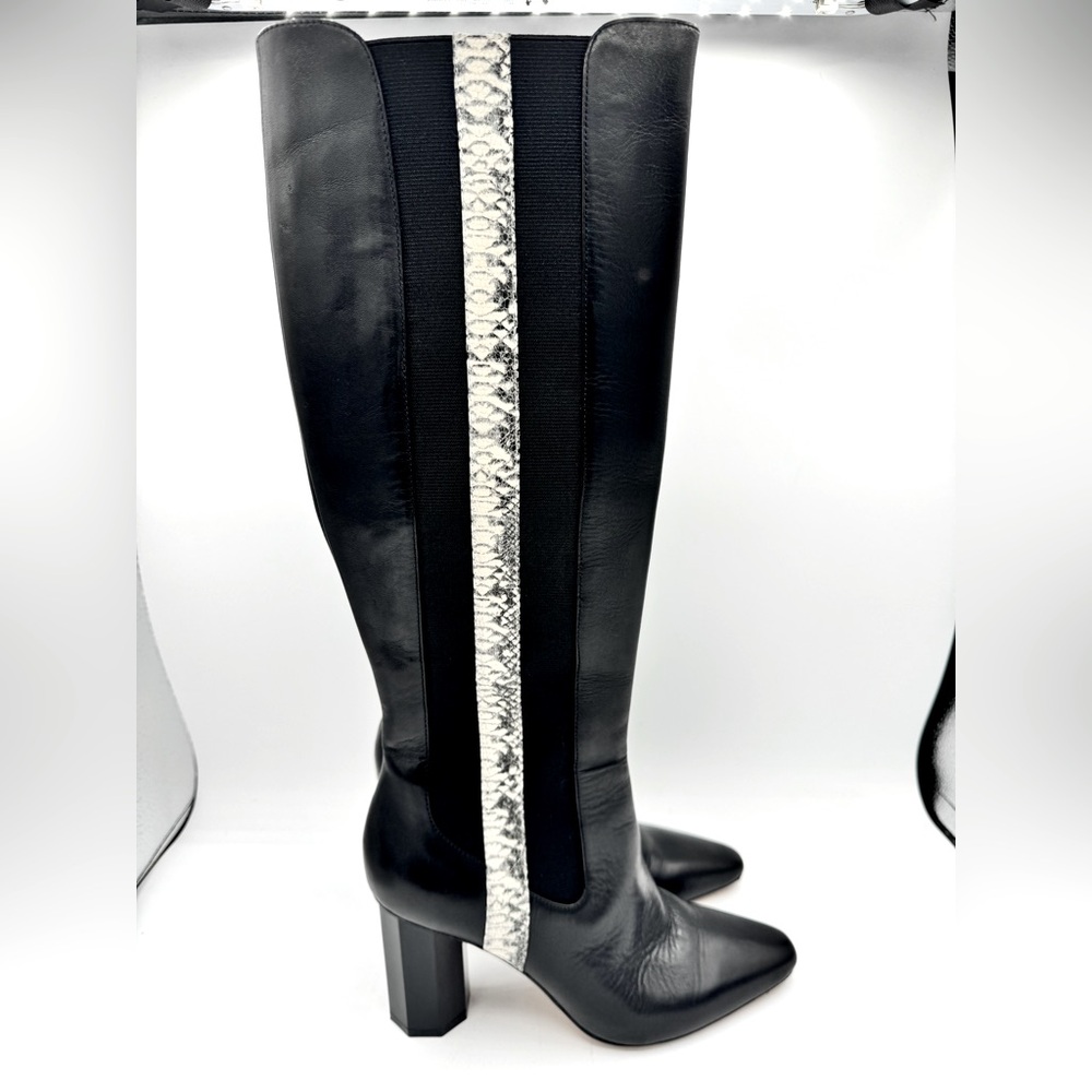Donald J Pliner Lilt Black Leather Snakeskin Strip Tall Heeled Boots 7M - Picture 2 of 6